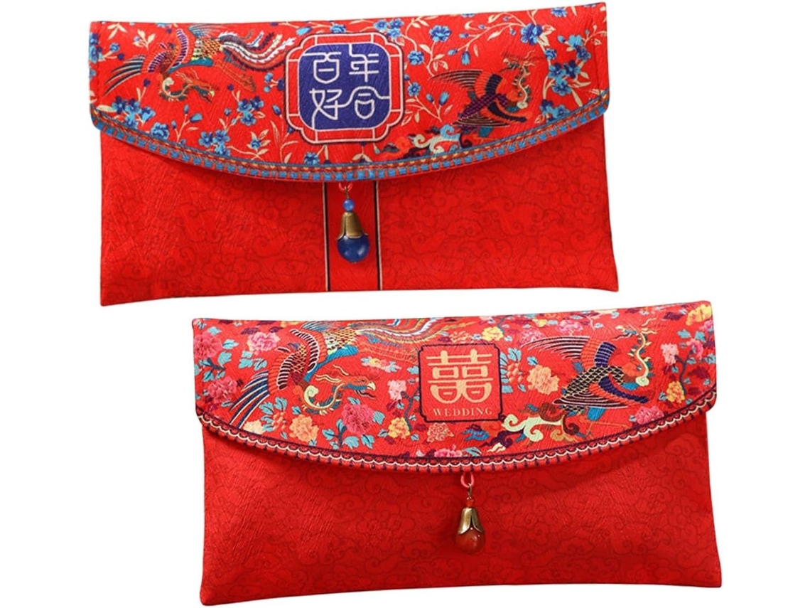 2 Sobres De Boda De Tela China Roja, Tamaño Grande, Estilo Doble Tradicional
