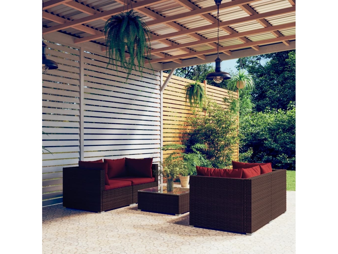 5 Piezas Conjunto Lounge De Jardim C/ Almofadões Vime Pe Castanho Dkd Home Decor
