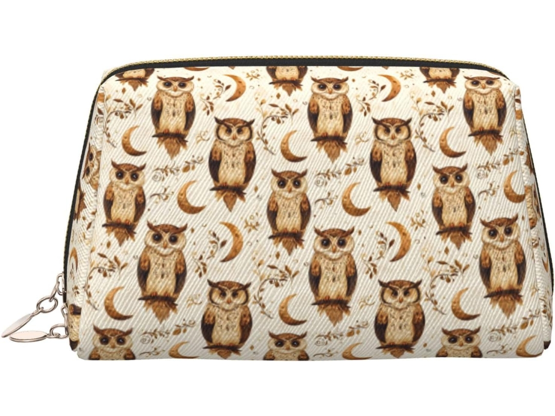 Neceser de maquillaje para mujer con estampado de búho y luna, diseño de viaje, sin marca.