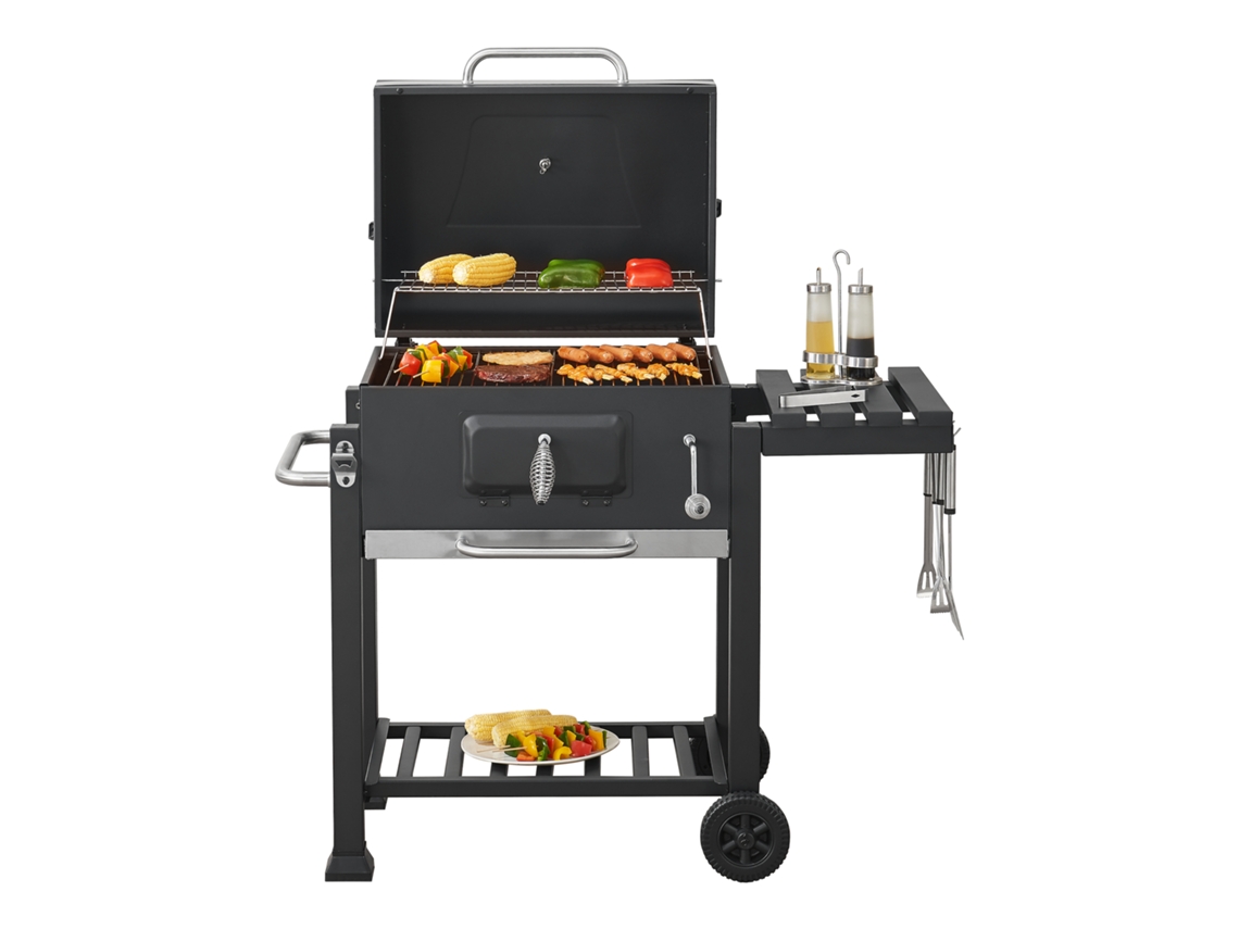 Barbacoa de carbón Arnad con 3 estantes acero 105x114x48cm - Negro CASA.PRO