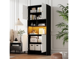 Aparador Multifuncional Con 4 Puertas Y 3 Compartimentos Abiertos. Fabricado En Madera, En Dos Tonos Blanco Y Negro. Ideal Para El Salón.