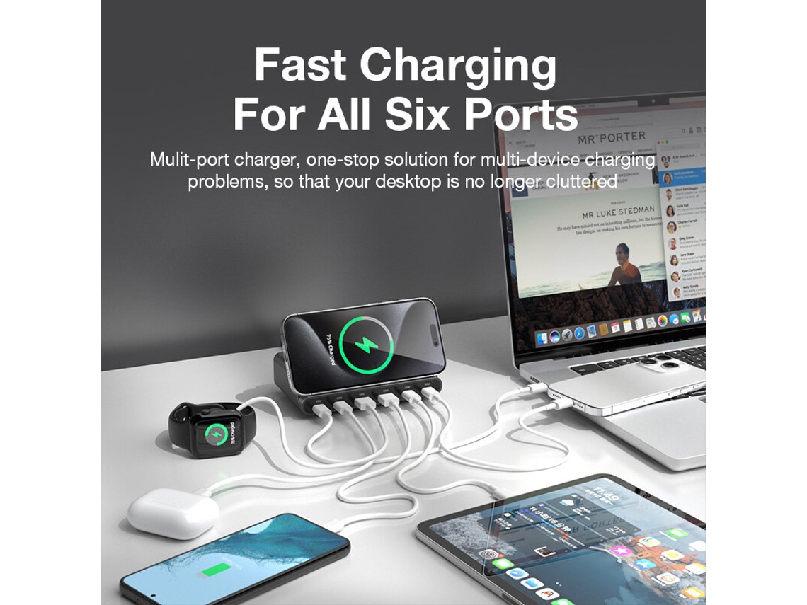 Cargador Rápido De Escritorio Blitzwolf Bw-s27 De 160 W Con 6 Puertos Usb Pd, 2 Usb-a 4 Usb-c Pd3.0 Qc4.0 Afc Fcp Scp Pps Pe