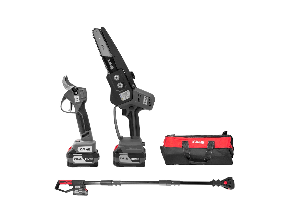 Kit de mini motosierra/tijeras/mango extensible con batería de 18 V (2 x 4 Ah) Kawapower