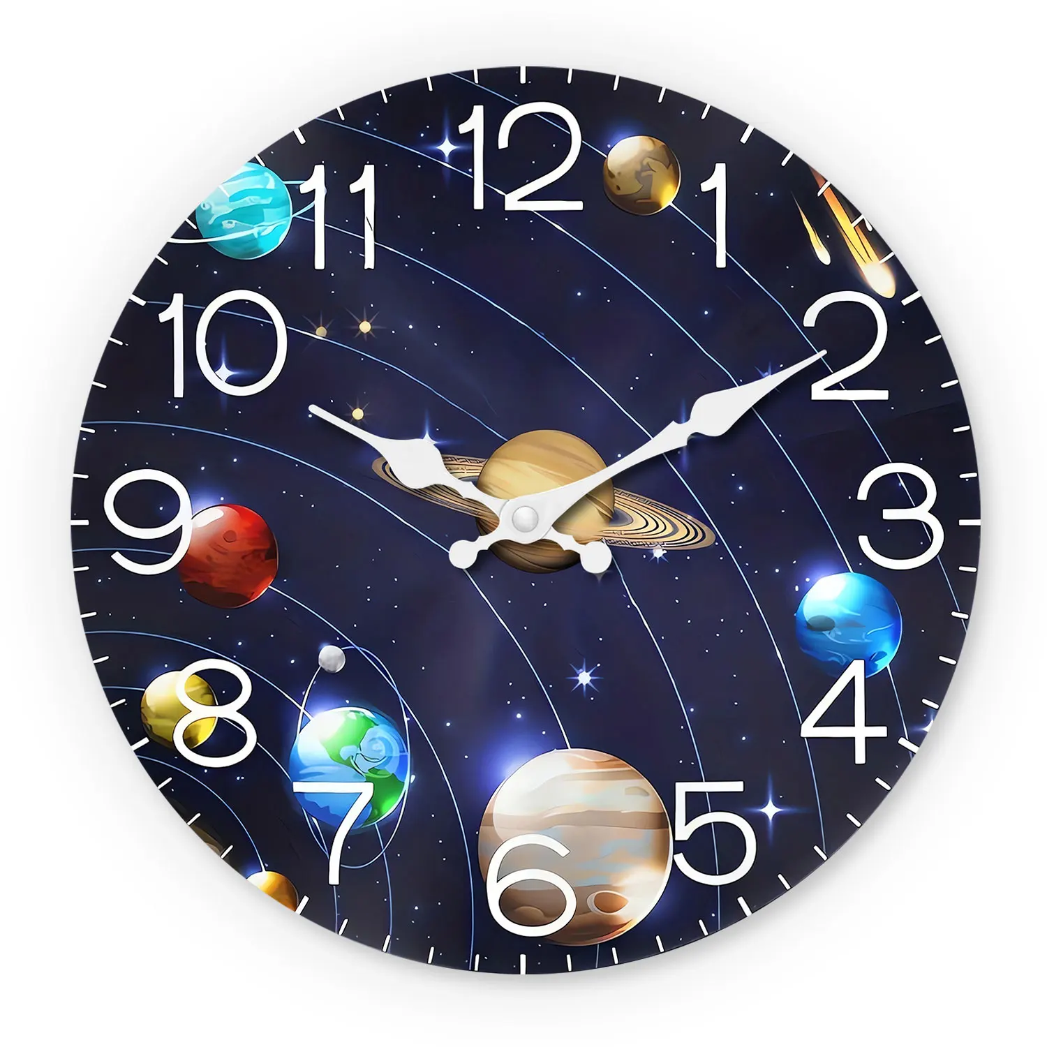 Reloj De Pared De Madera De 14 Pulgadas Con Patrón Planetario, Silencioso, Funciona Con Pilas Aa.