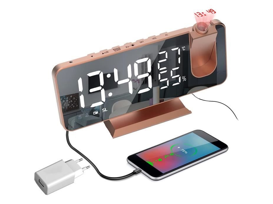 Radio despertador con proyección en techo, proyector 180° Radio despertador, con adaptador, reloj digital con pantalla espejo LED 7 ch P174 TRAHOO