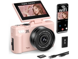 Cámara digital 4K Wifi 64MP Pantalla abatible de 180º Ultraligera Regalo para principiantes BISBISOUS (rosa)