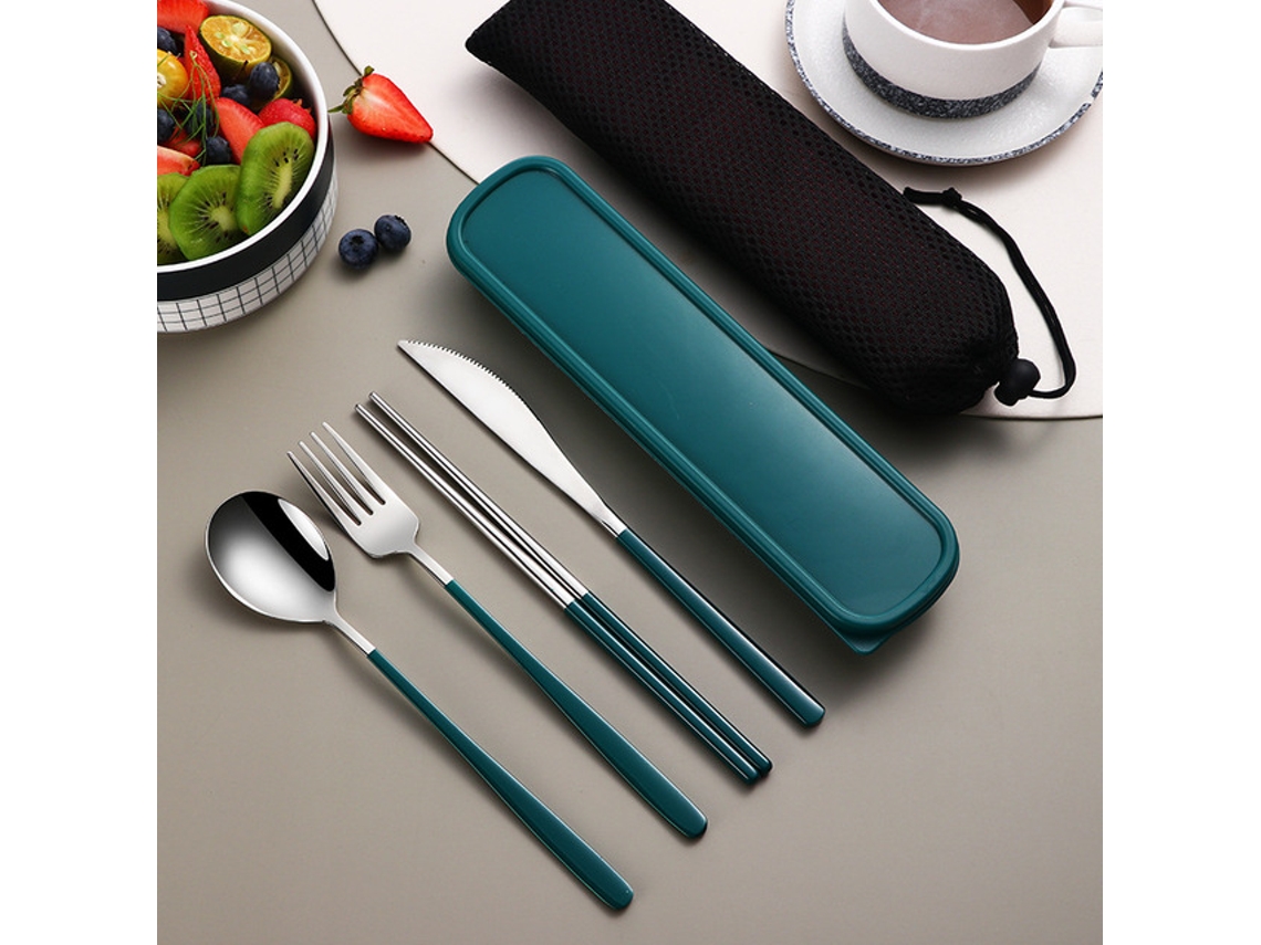 (verde Y Plateado) Juego De Cubiertos Portátil De Acero Inoxidable 304, Que Incluye Cuchillo, Tenedor, Cuchara Y Caja De Almacenamiento.