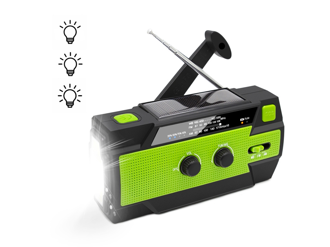 Rádio Multifuncional Com Manivela Solar Com Manivela Motorizado Rádio Am/Fm/Wb Meteorológico Am/Fm/Wb Com Banco De Potência De 4000 Mah