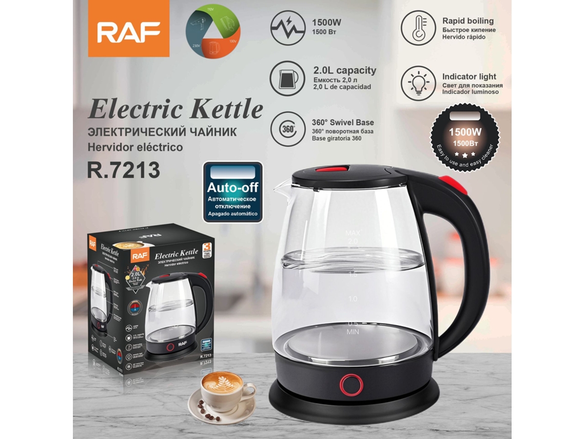 Hervidor de vidrio de borosilicato de alta calidad con apagado automático, alta potencia y capacidad de 2 litros. Mdug