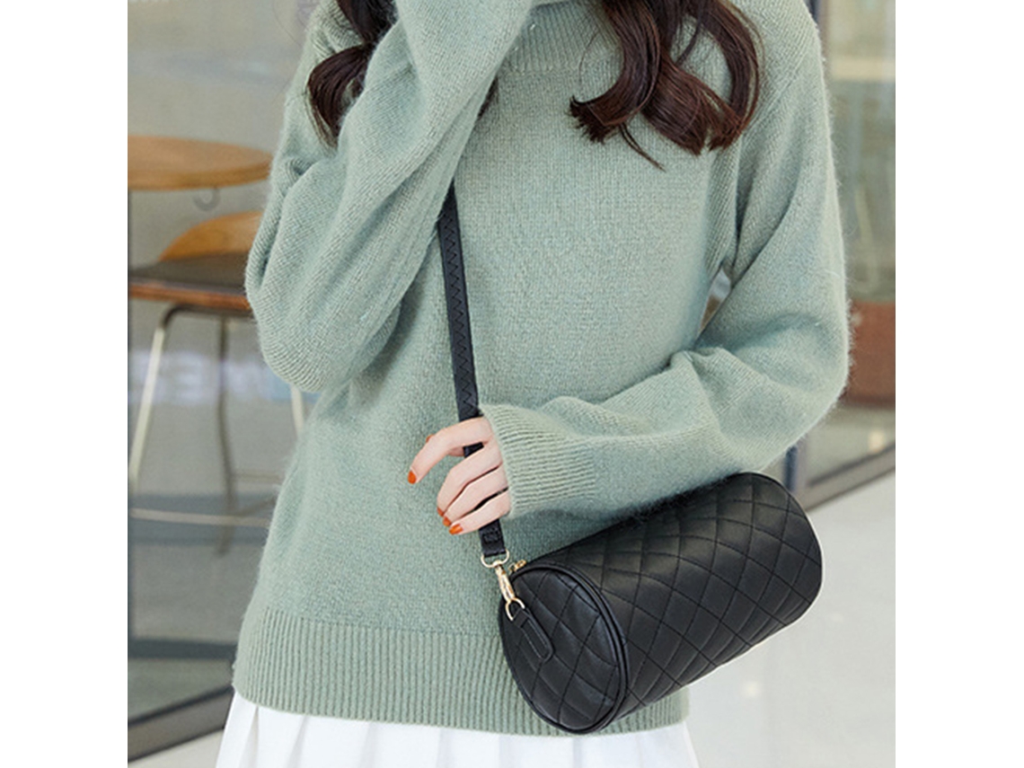 Estilo Coreano Mulheres Diamante Lattice Pu Couro Cilindro Almofada Bolsa Casual Pequena Bolsa Mensageiro Preto