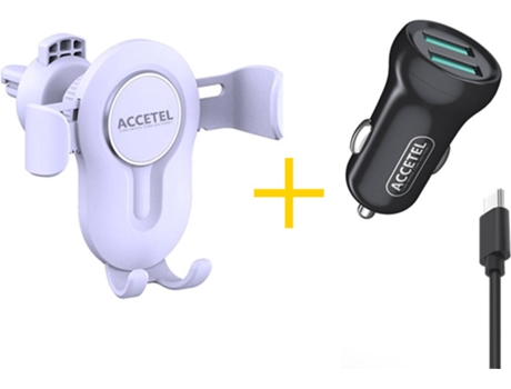 Kit Cargador Coche, Cable Type-C y Soporte Móvil ACCETEL CC266 SP-118 (Negro y Blanco)
