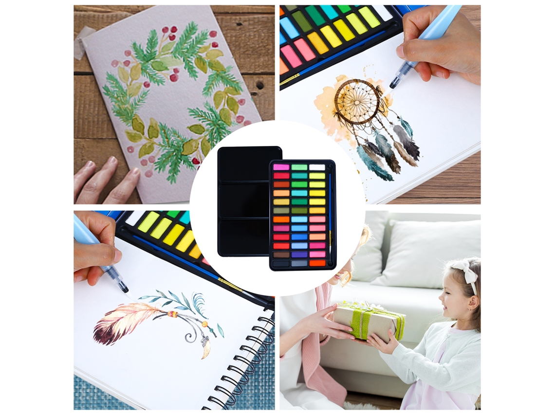 Set de 36 acuarelas con pincel Plumas Book Art para principiantes y adultos (portátil)