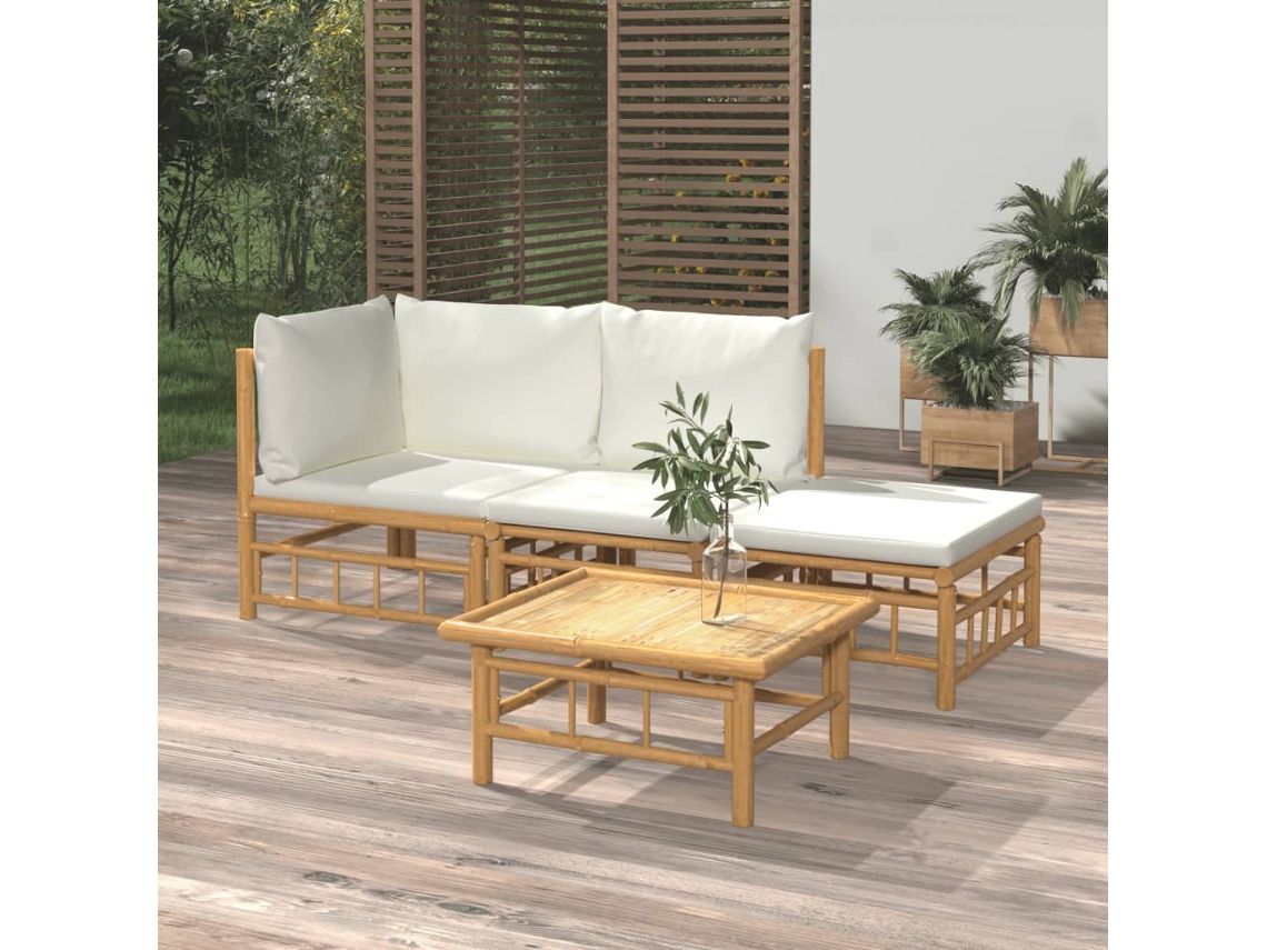 Conjunto de jardín de bambú de 2 piezas con cojines en blanco crema, Dkd Home Decor