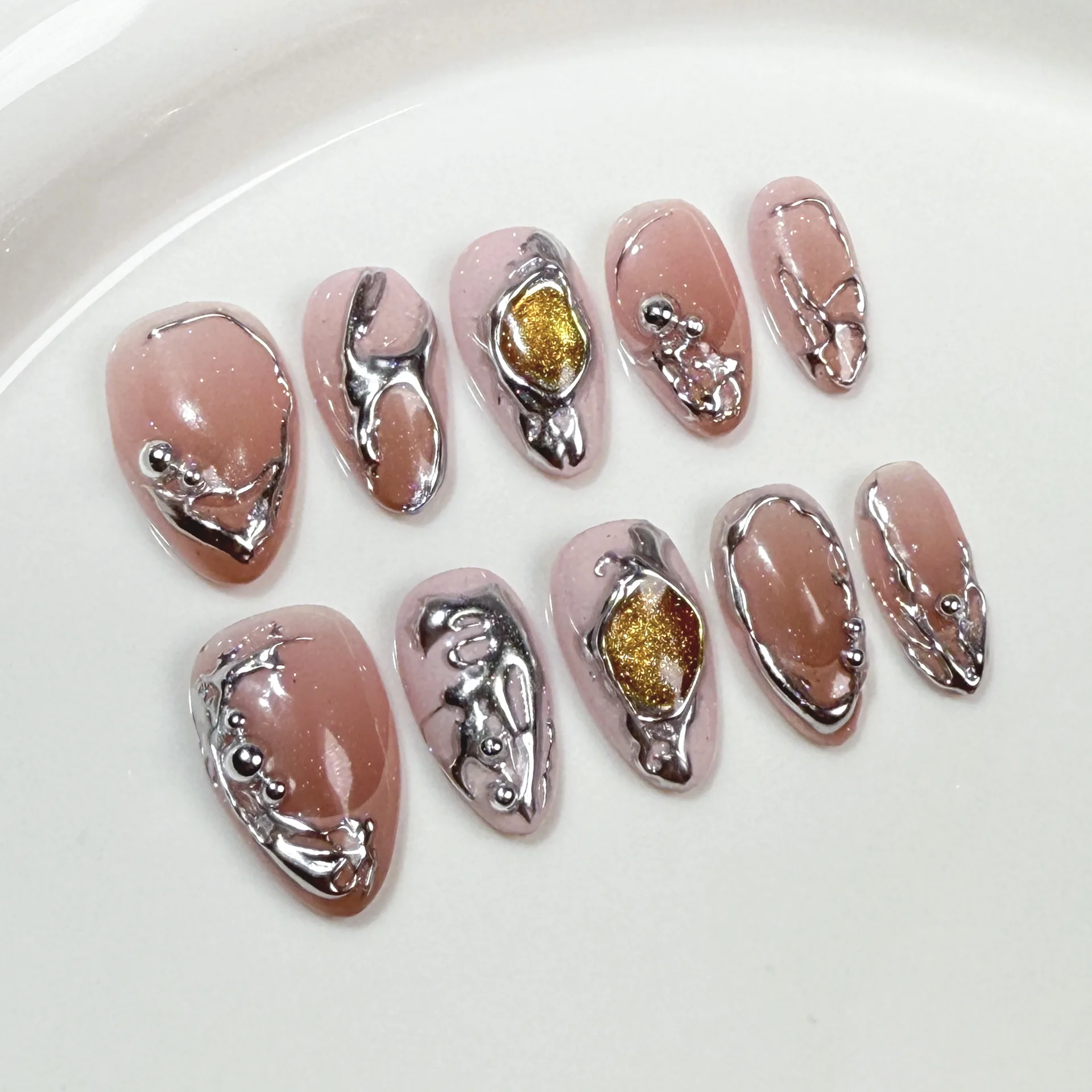 (565-m) Paquete De 10 Uñas Postizas Sencillas Hechas A Mano, Reutilizables.