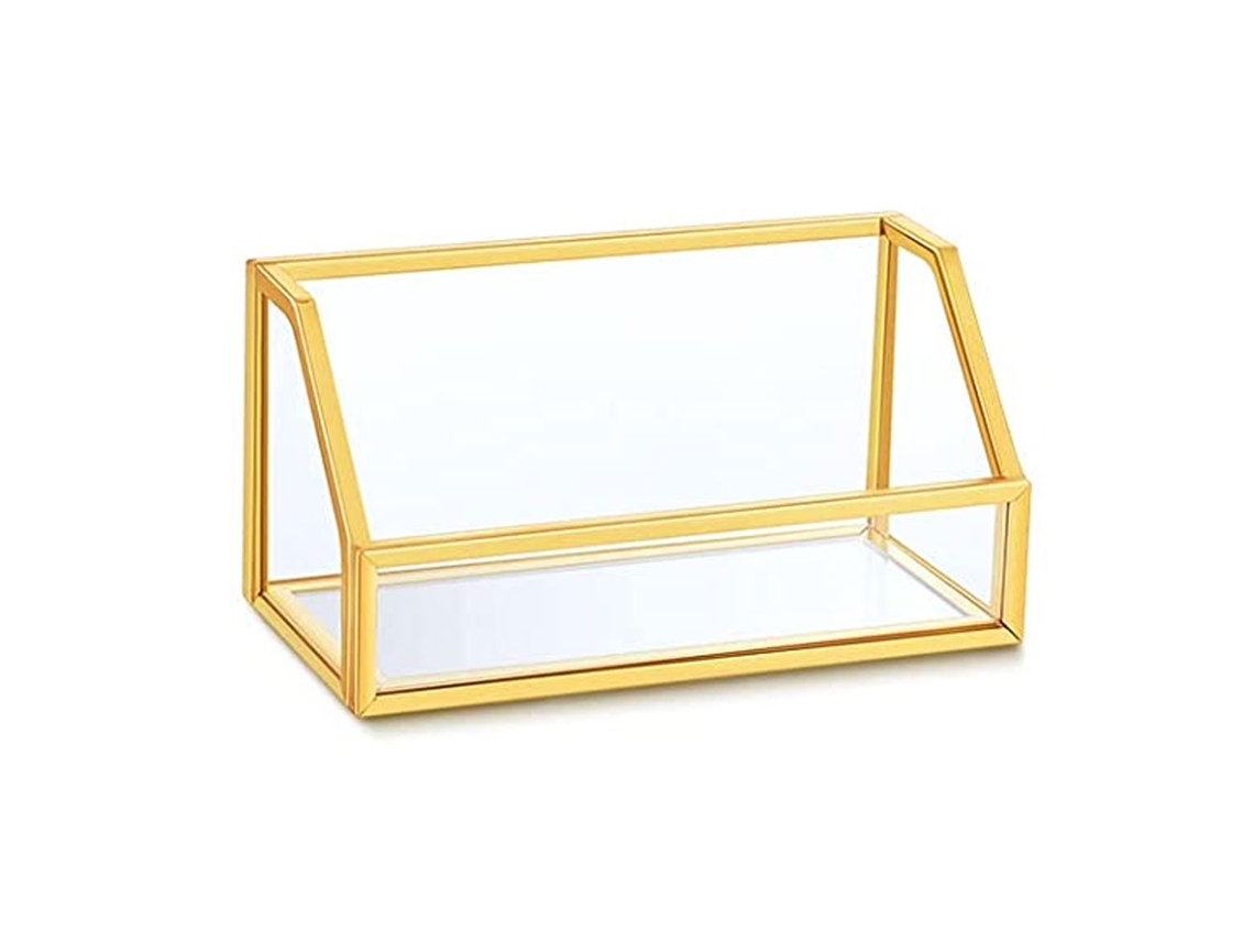 Tarjetero de cristal transparente con diseño geométrico dorado, bandeja organizadora de joyas para oficina, alto contenido en boro.