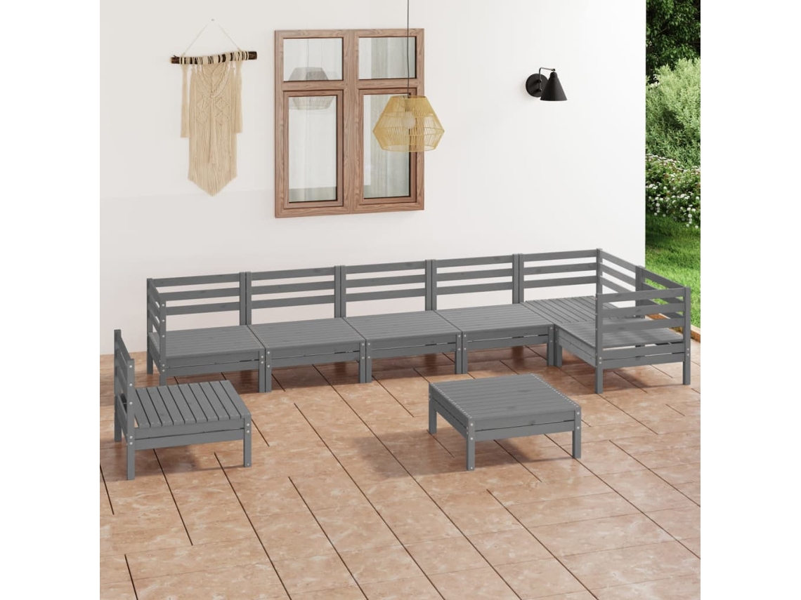 Conjunto de salón de jardín de 8 piezas en pino macizo gris DKD Home Decor