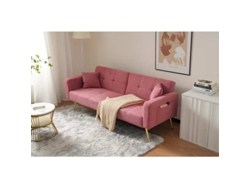 Sofá cama con ángulo ajustable, patas doradas, cojines y bolsillos laterales para almacenamiento.