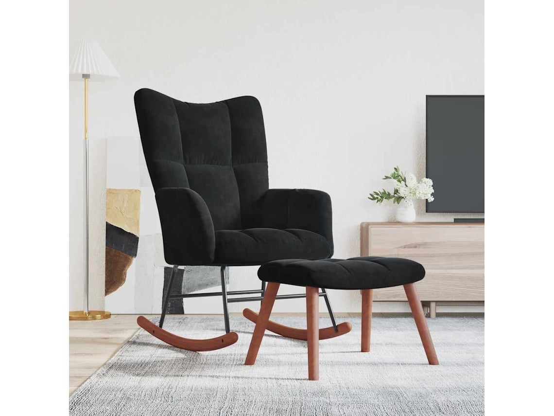 Mecedora con banco de terciopelo negro, DKD HOME DECOR