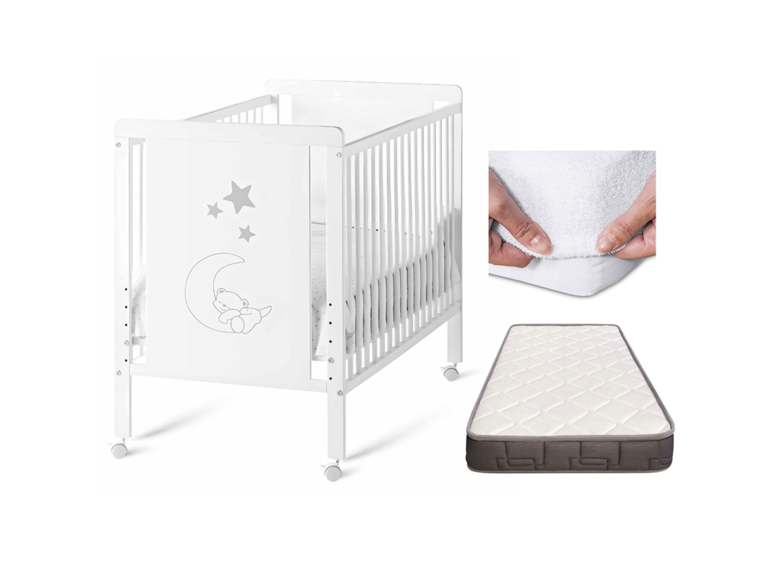 Cuna Bebe Indi Con Colchón Morfeo, Blanca Y De Madera De Haya + Protector De Colchón