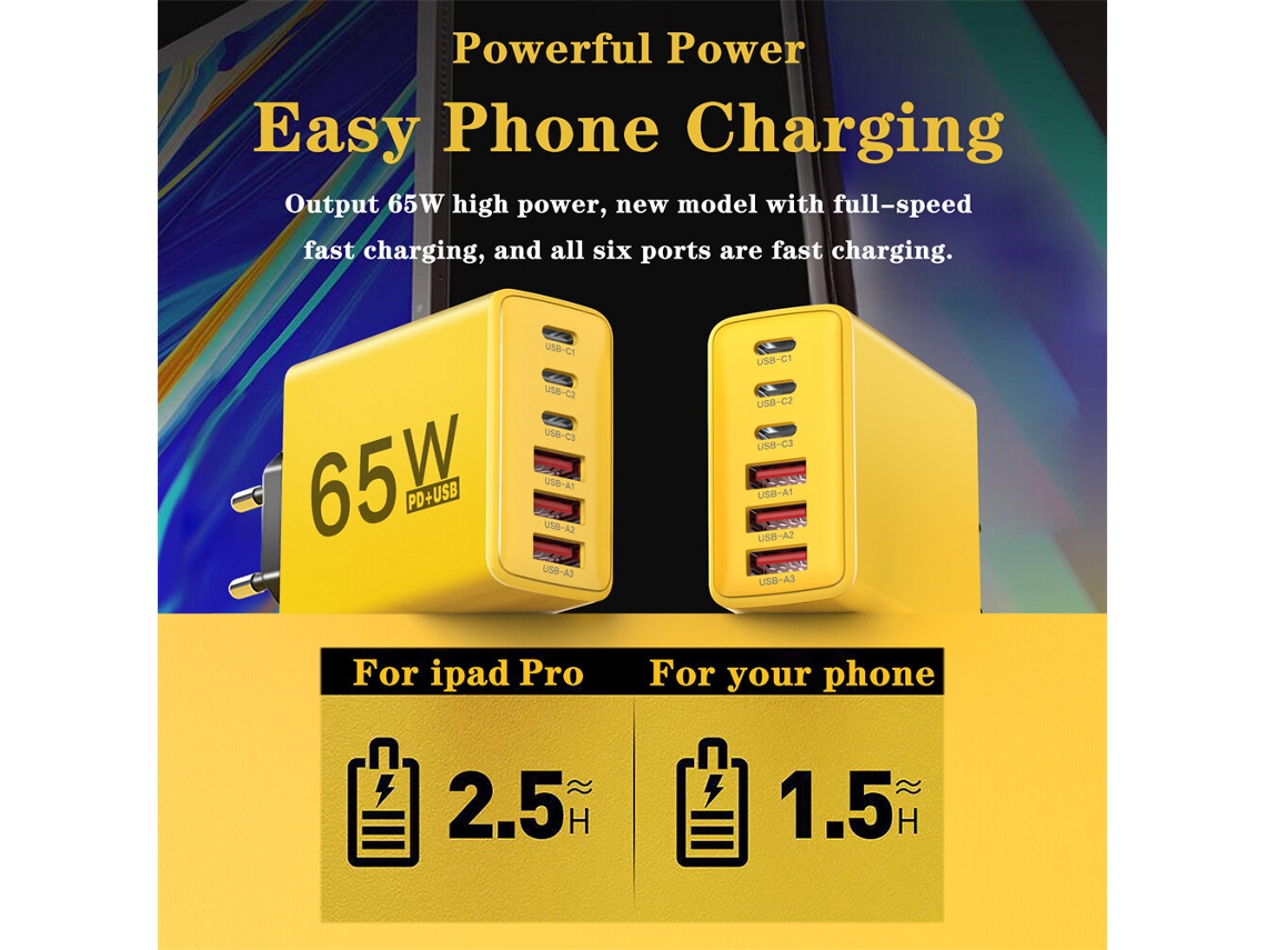 Cargador Usb Pd De 6 Puertos De 65 W, 3 Usb-a 3 Usb-c, Pd, Qc, Adaptador De Carga Rápida De Pared