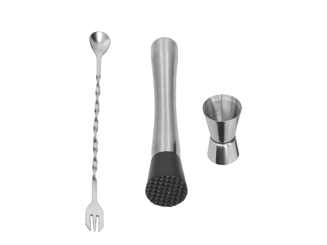 Juego de jigger, machacador y cuchara de bar de acero inoxidable
