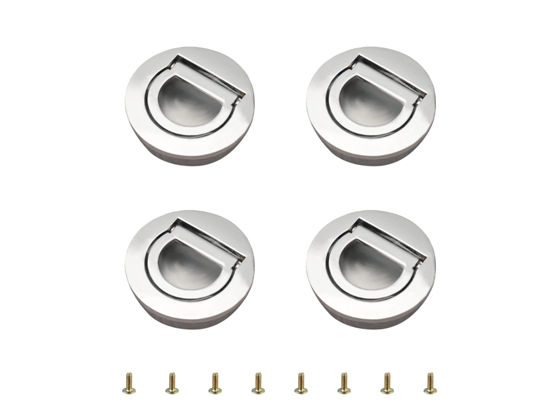 4 alas de tatami redondas y ocultas con anilla para tirar, con tornillos, color plata brillante.