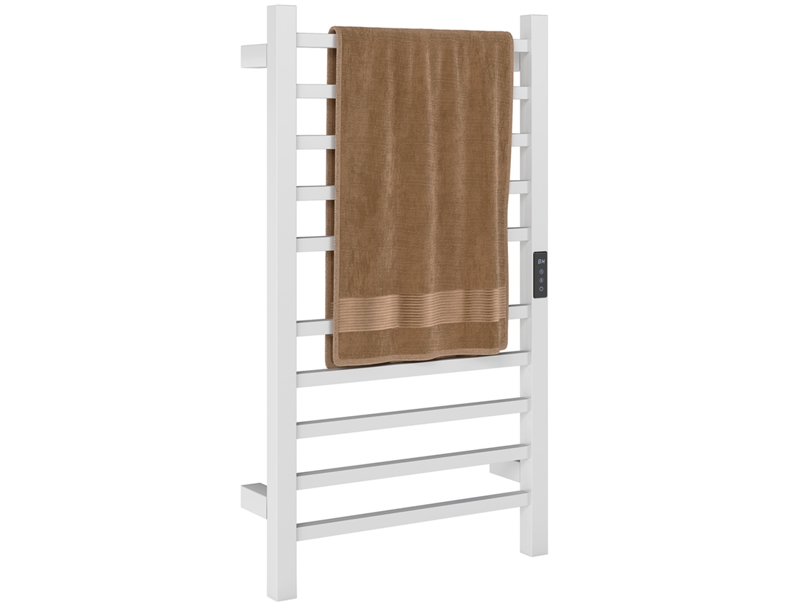 Calentador de toallas eléctrico blanco de 45x11x80cm, 10 barras, temporizador, pantalla LCD, acero inoxidable, montaje en pared, temperatura ajustable.