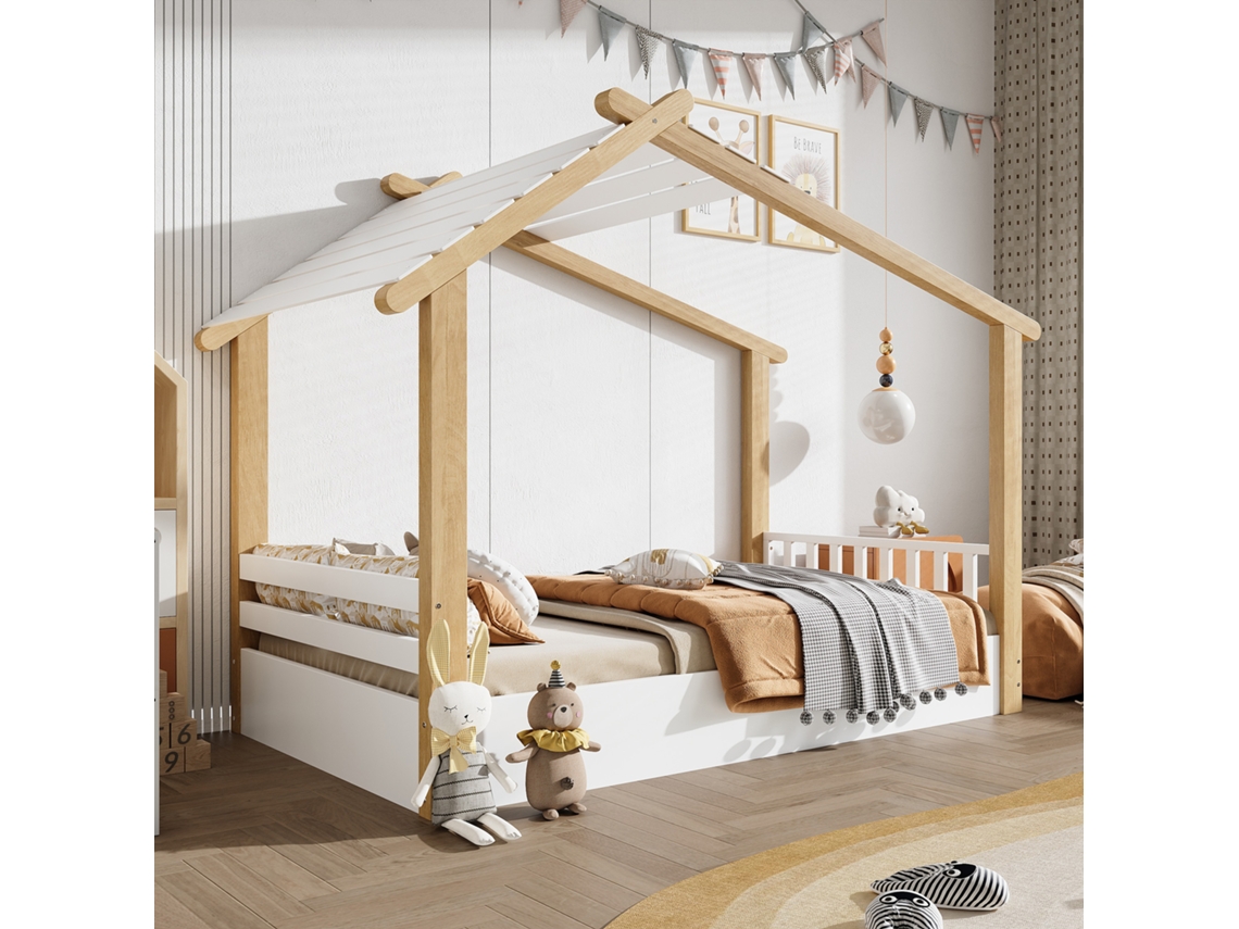 Cama Infantil De Madera De 90x190 Cm, Diseño De Casita, Con Somier De Láminas, Pino + Mdf, Blanco/natural.