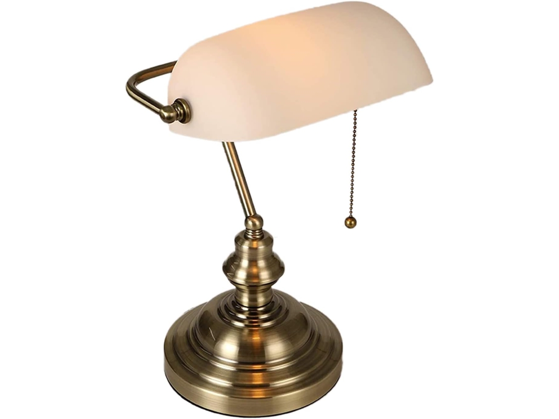 Luminária De Mesa Estilo Banqueiro Com Cúpula De Vidro Branco Fosco E Interruptor... Luminária Com Corrente De Acionamento E Conexão Direta À Tomada