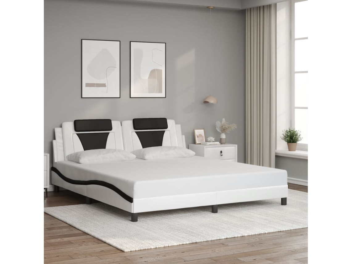 Estructura De Cama Con Cabecero Cuero Sintético Blanco Y Negro