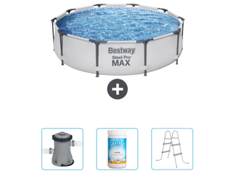 Piscina BESTWAY Round Steel Pro MAX - 305 x 76 cm - Gris - Incluida Bomba - Cloro - Escalera