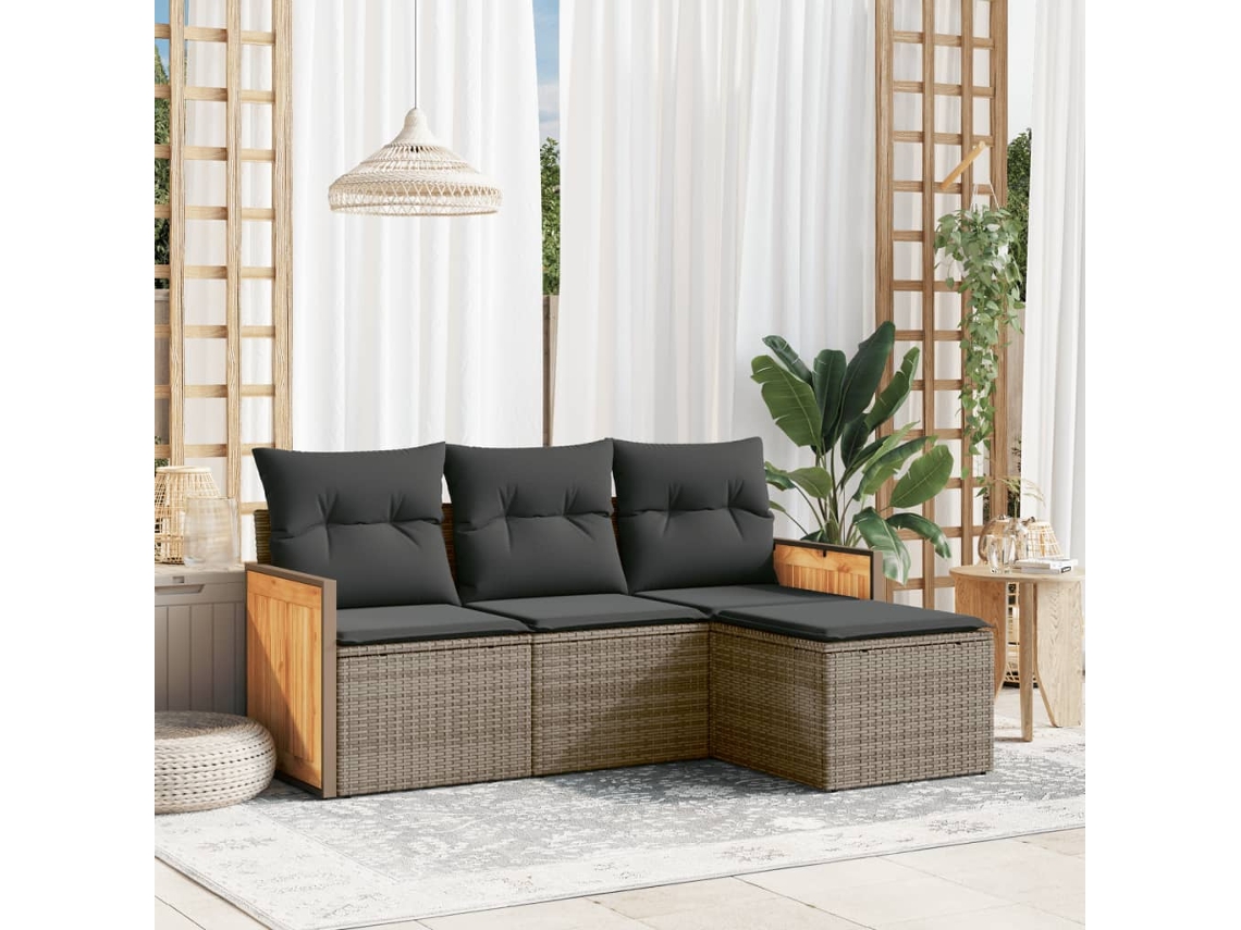 Conjunto de sofá de jardín de 4 piezas con cojines, ratán gris, DKD Home Decor