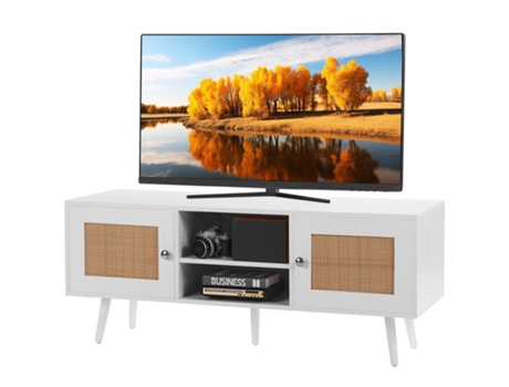 VEVOR Soporte de TV de Ratán para Centro de Entretenimiento de TV de 55Inch con Puerta de Ratán Blanco