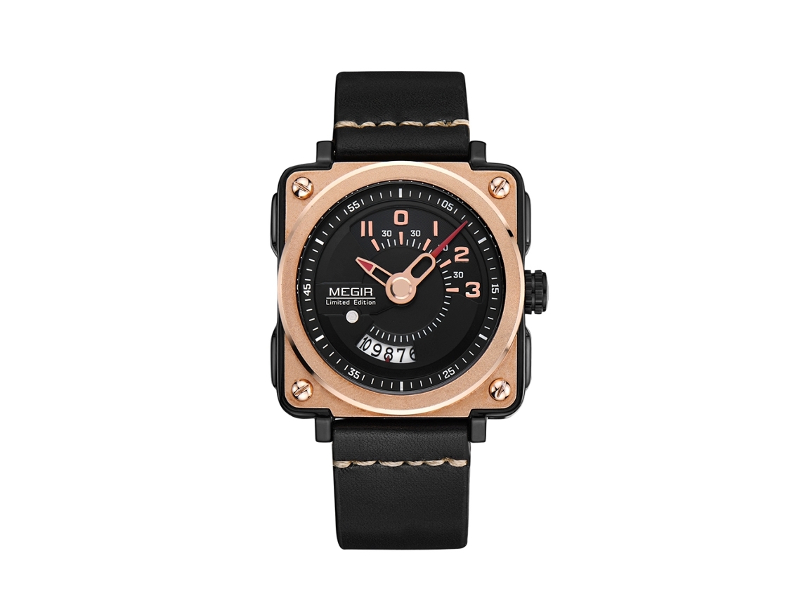 Reloj Hombre Megir Fashion Metal Resistente Al Agua Con Correa De Cuero Ajustable Oro+negro