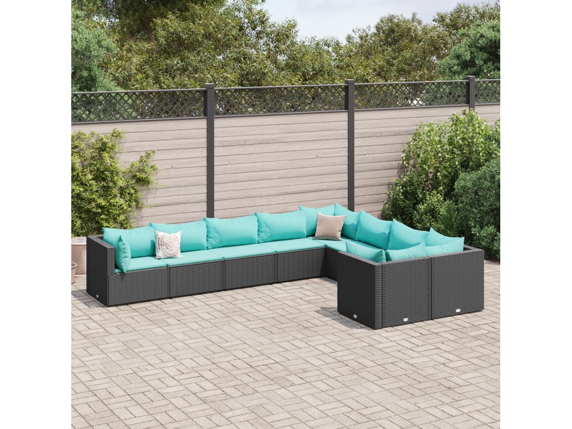 Conjunto de sofá de jardín de 9 piezas con cojines, ratán negro, Dkd Home Decor