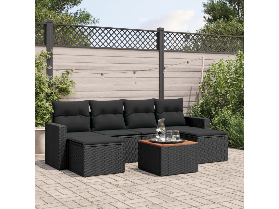 Conjunto de sofá de jardín de 7 piezas con cojines de mimbre negro de DKD Home Decor