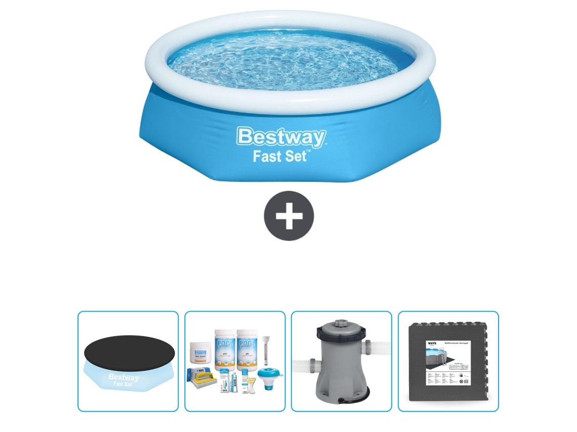 Piscina Hinchable Redonda Fast Set BESTWAY - 244 x 61 cm - Azul - Incluida Cubrir - Paquete de mantenimiento - Bomba - Baldosas