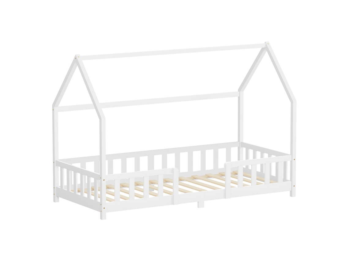 Cama Infantil Ml-design 90x200 Cm Blanco Forma De Casa Con Anticaída, Techo Y Somier