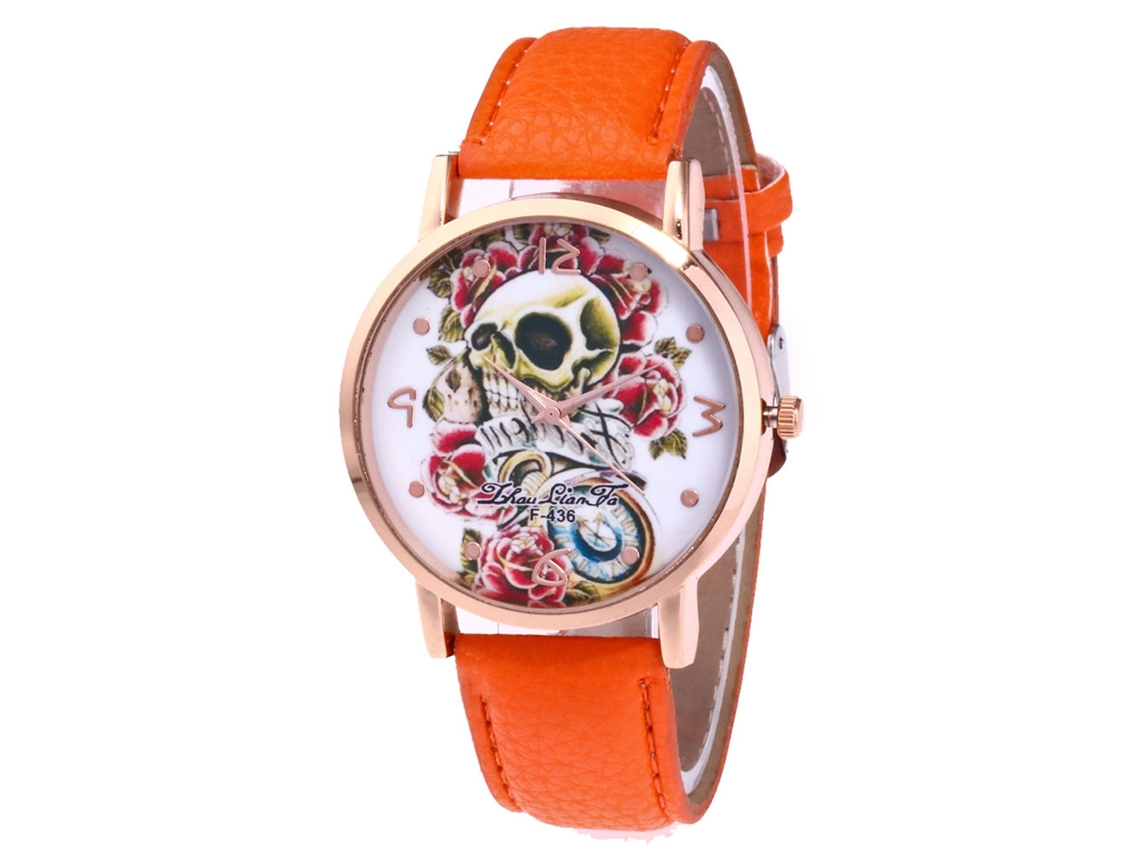 Reloj De Pareja Zhoulianfa Patrón Calavera Correa De Cuero Quartz F-436 Naranja