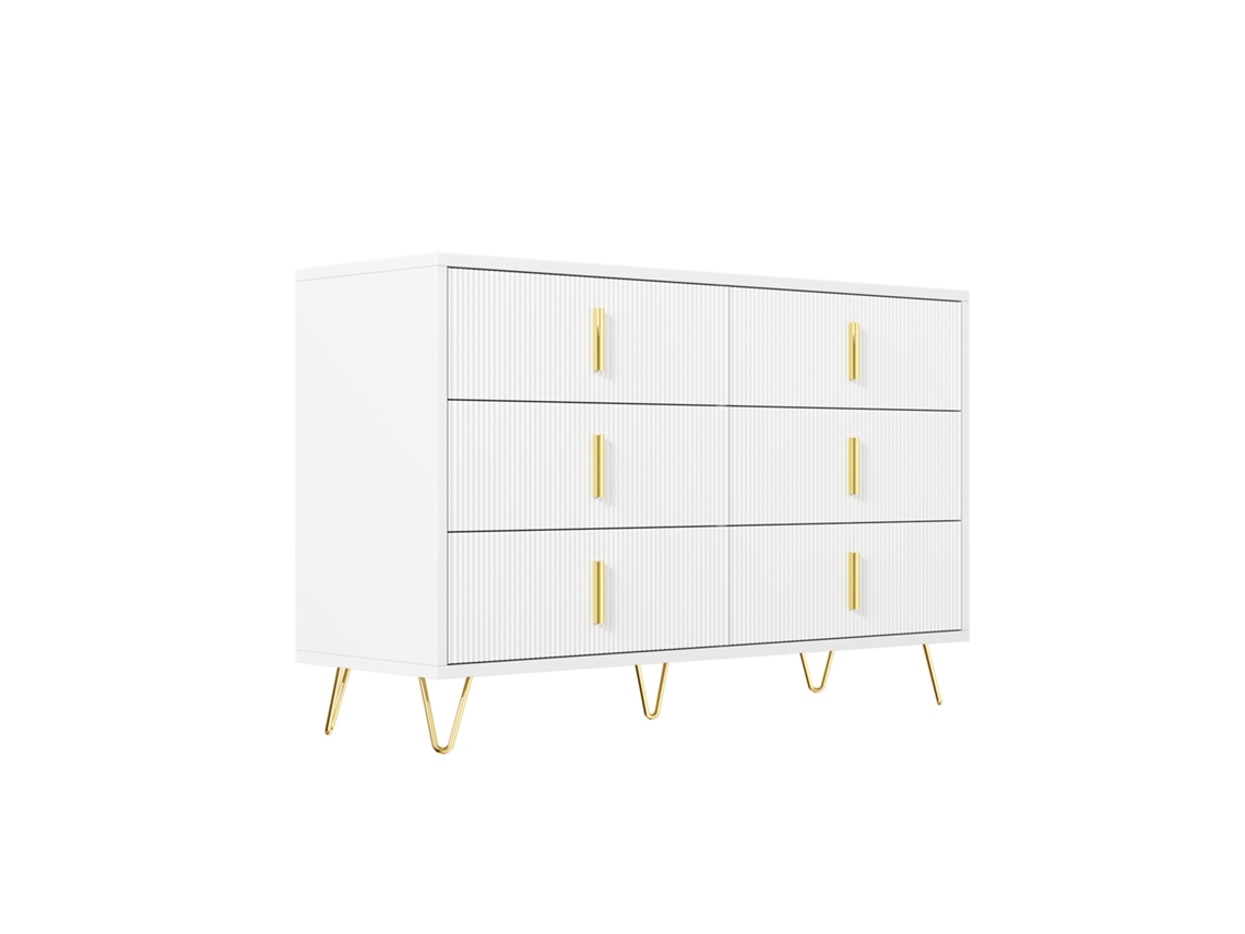 Aparador 120x40x77 cm con 6 cajones, tiradores dorados, Mobrio blanco