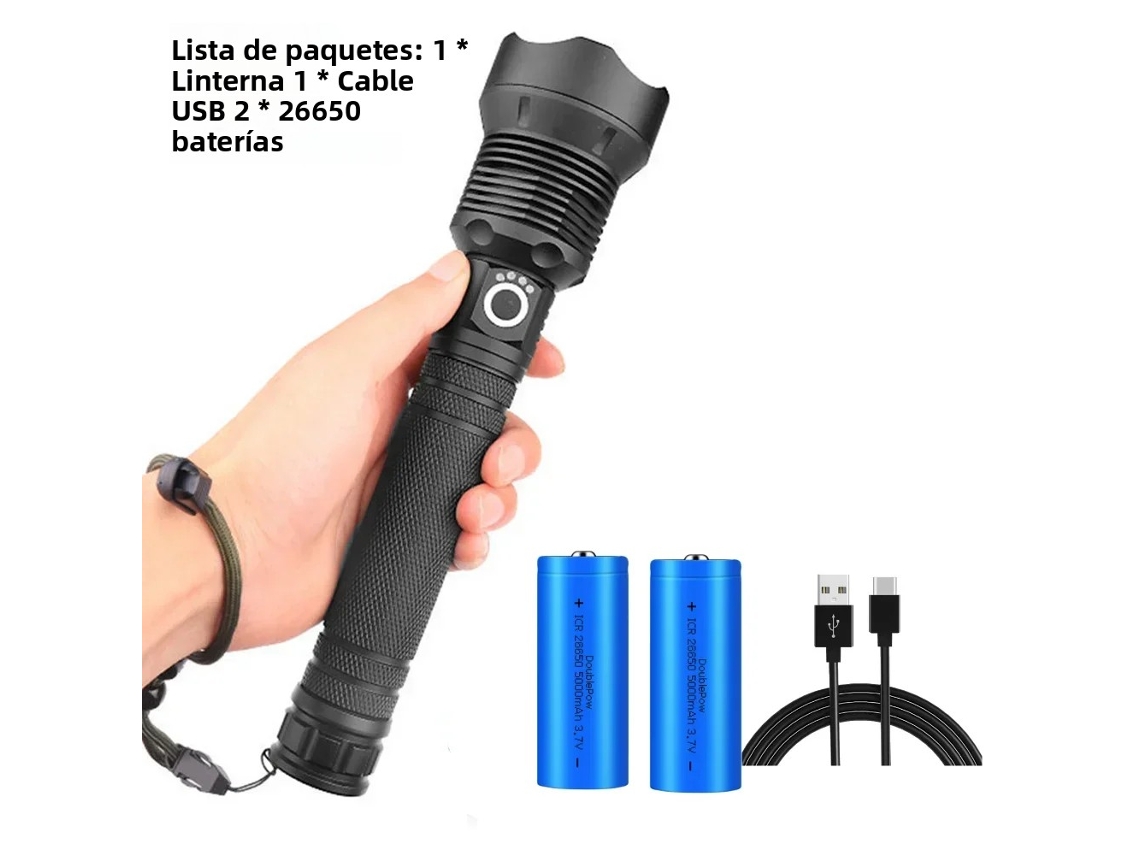 Linterna LED recargable con zoom ajustable, resistente al agua y tres modos de funcionamiento. MDUG