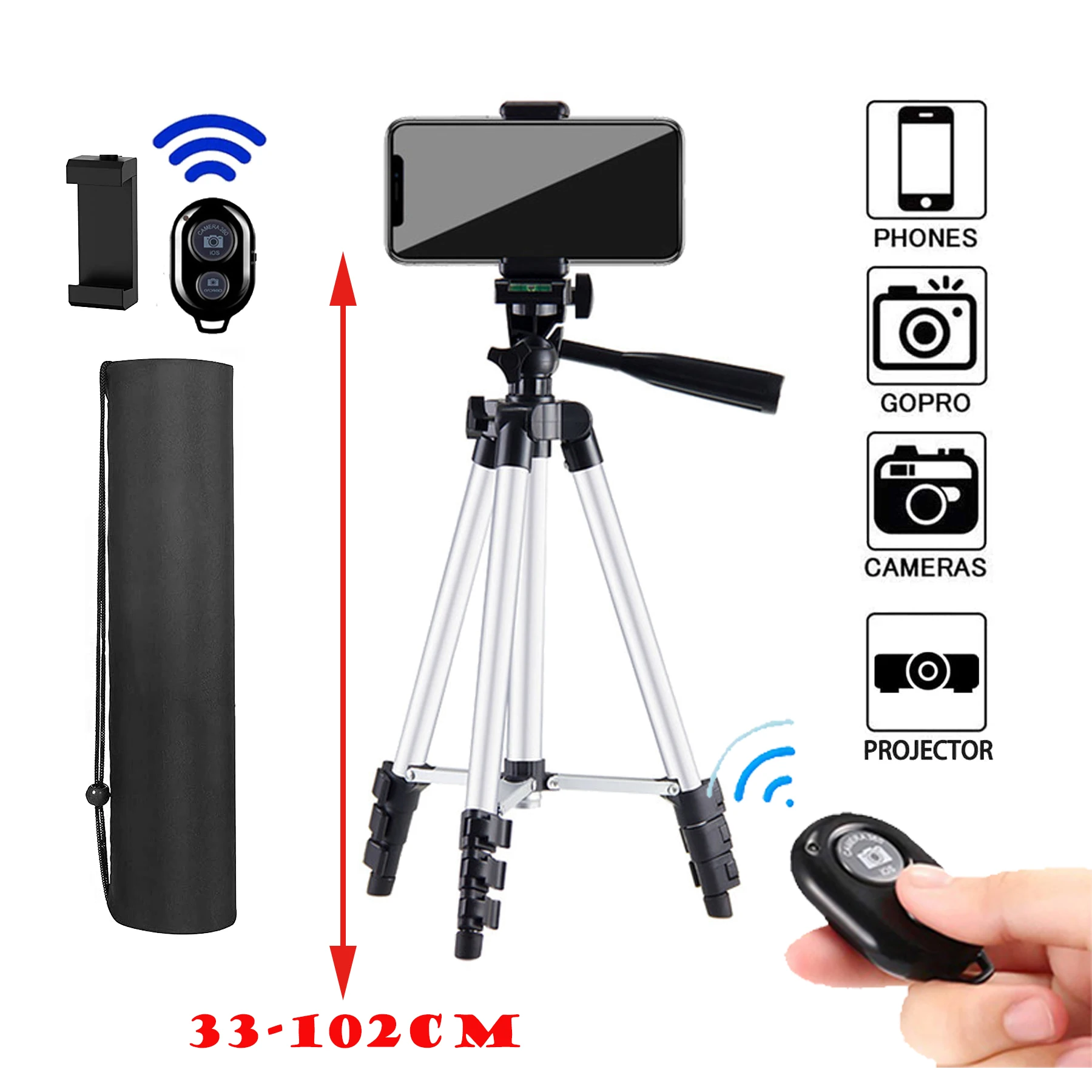 Trípode portátil para teléfono y cámara con control remoto Bluetooth y soporte para video, 1 pieza, plateado