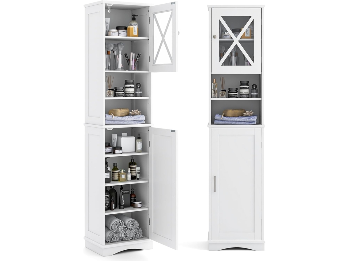 Mueble Columna De Baño Con 2 Puertas Y 2 Compartimentos Abiertos, Armario Independiente De Despensa Con 6 Estantes Ajustables, Blanco