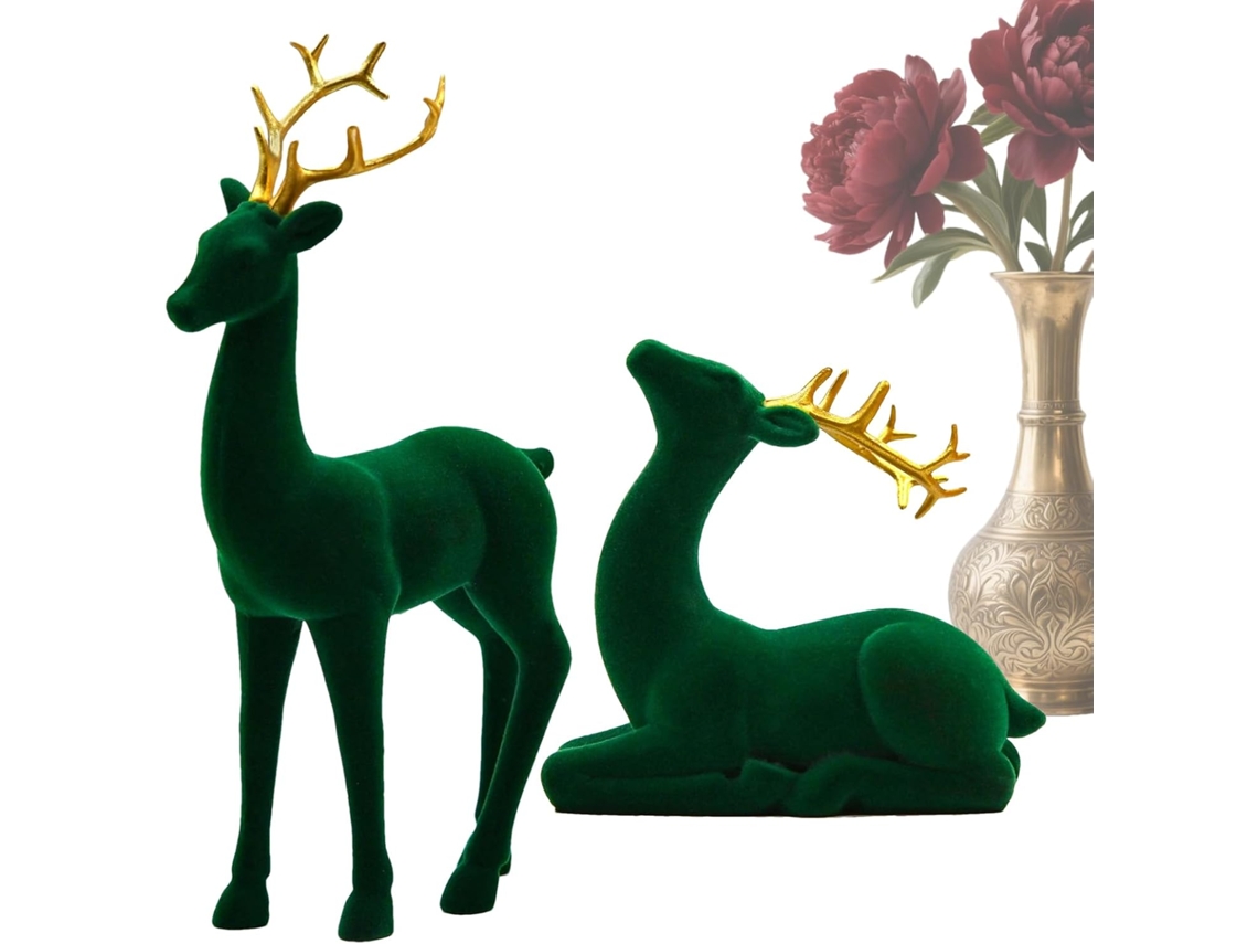 Figuras De Renos Navide Os Ciervos Con Efecto Aterciopelado 2 Piezas Estatuas Est Ticas Alces Rojos Y Verdes Pie
