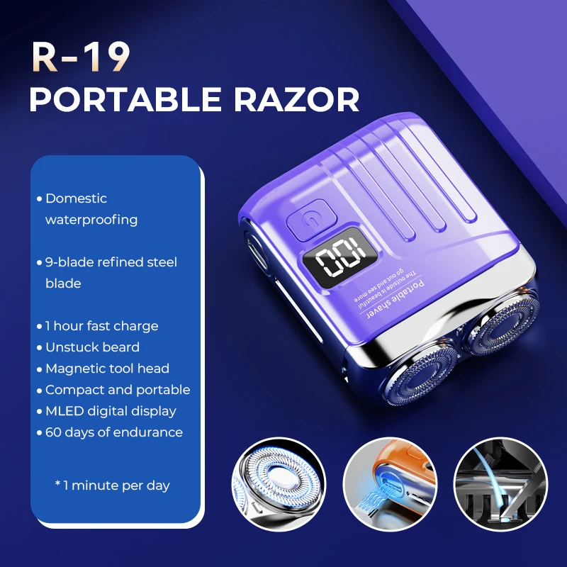 Afeitadora eléctrica inteligente, pantalla digital, cabezal de doble cuchilla mini, afeitadora de viaje, recargable MDUG (r19 Azul)