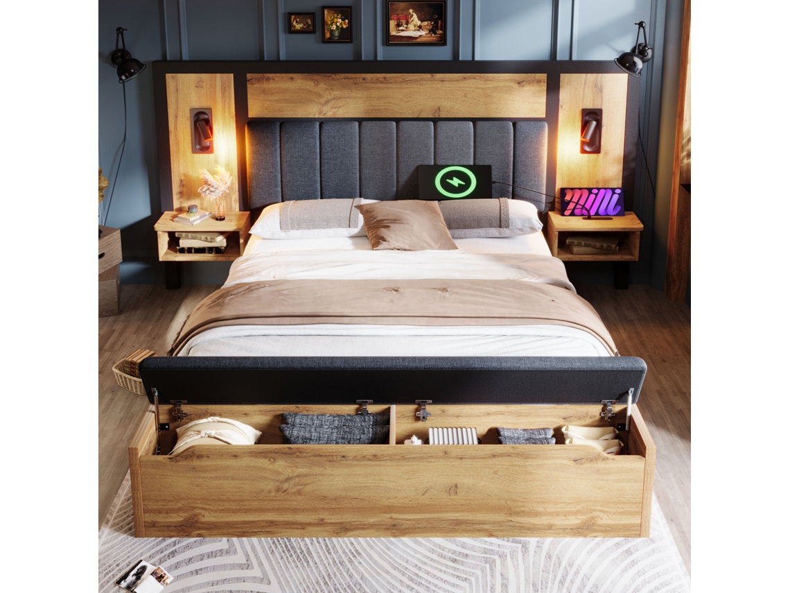 Cama para adultos de 180×200 cm con luz de lectura, enchufes y banco con estructura de metal natural, Mobrio
