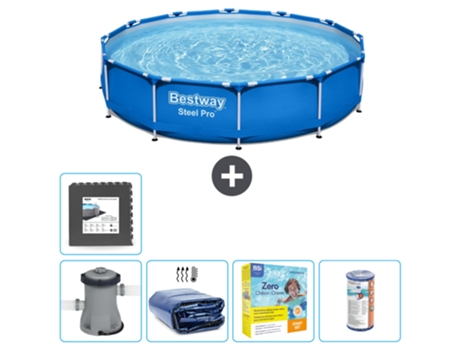 Piscina BESTWAY Round Steel Pro - 305 x 76 cm - Azul - Bomba incluida Vela solar - Paquete de mantenimiento - Filtrar - Baldosas