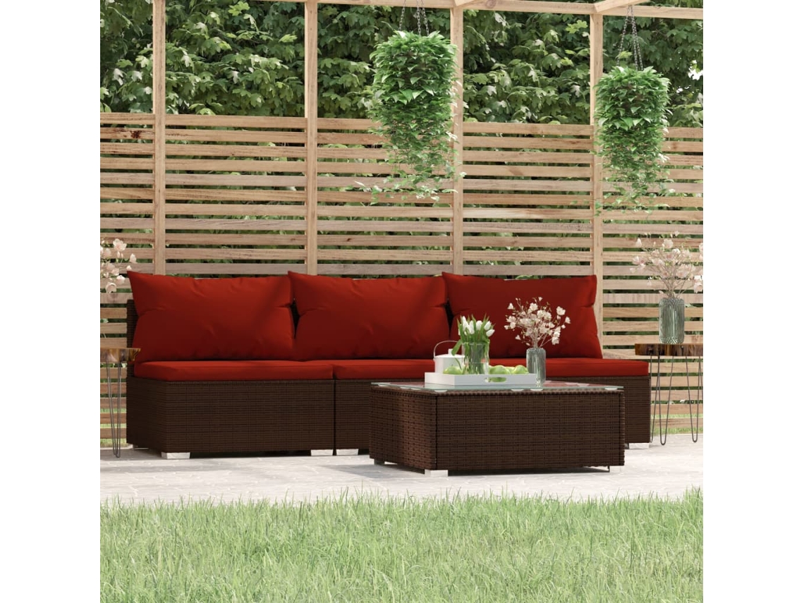 Conjunto de jardín de 4 piezas DKD Home Decor con cojines de mimbre marrón