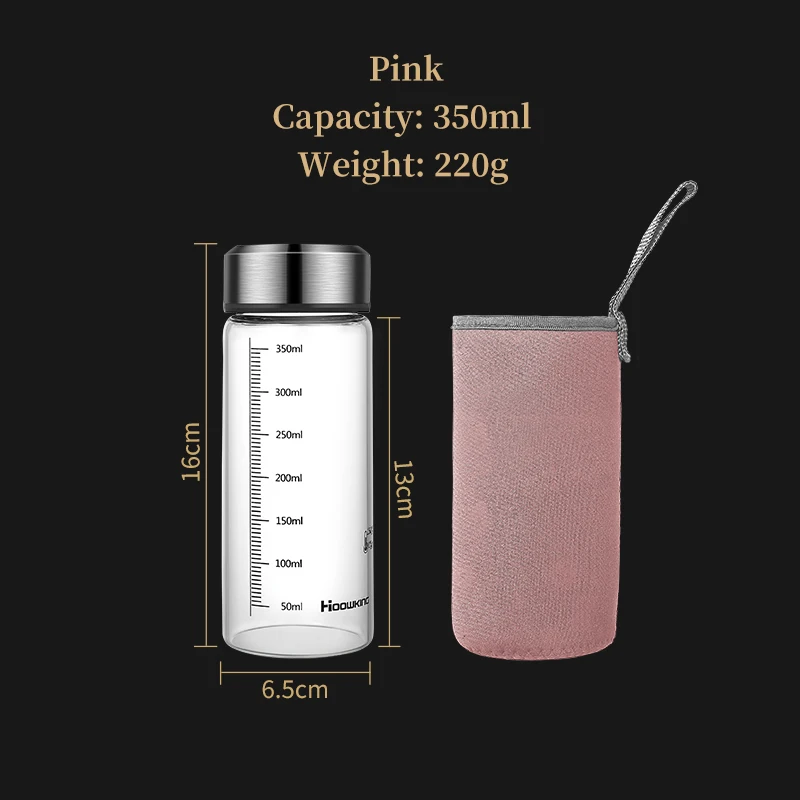 Botella de agua térmica de vidrio portátil con marcas de nivel, ideal para deportes al aire libre. MDUG (rosa, 350 ml)
