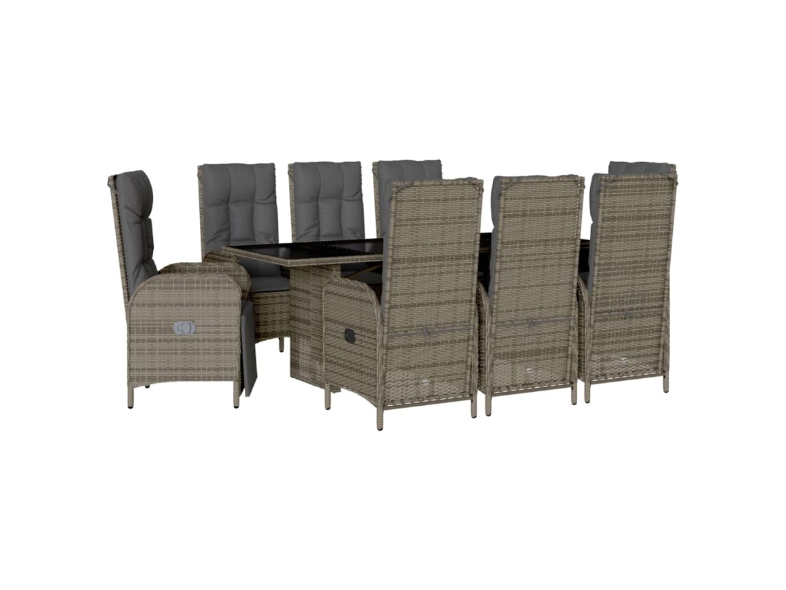 Juego de 9 piezas de comedor de jardín con cojines de mimbre, gris, EXCLUSIVA MAISON